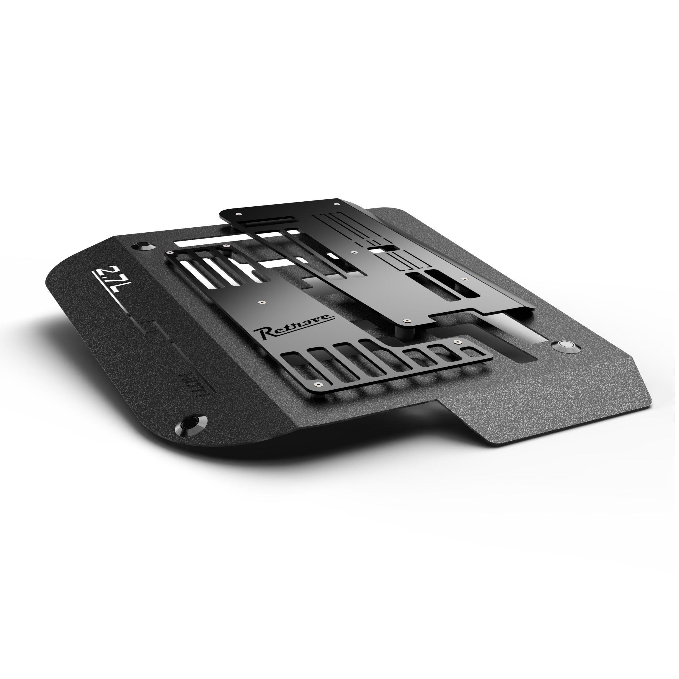 Retrove toolless quick release aluminum engine cover for a 2.7L Ford Bronco.